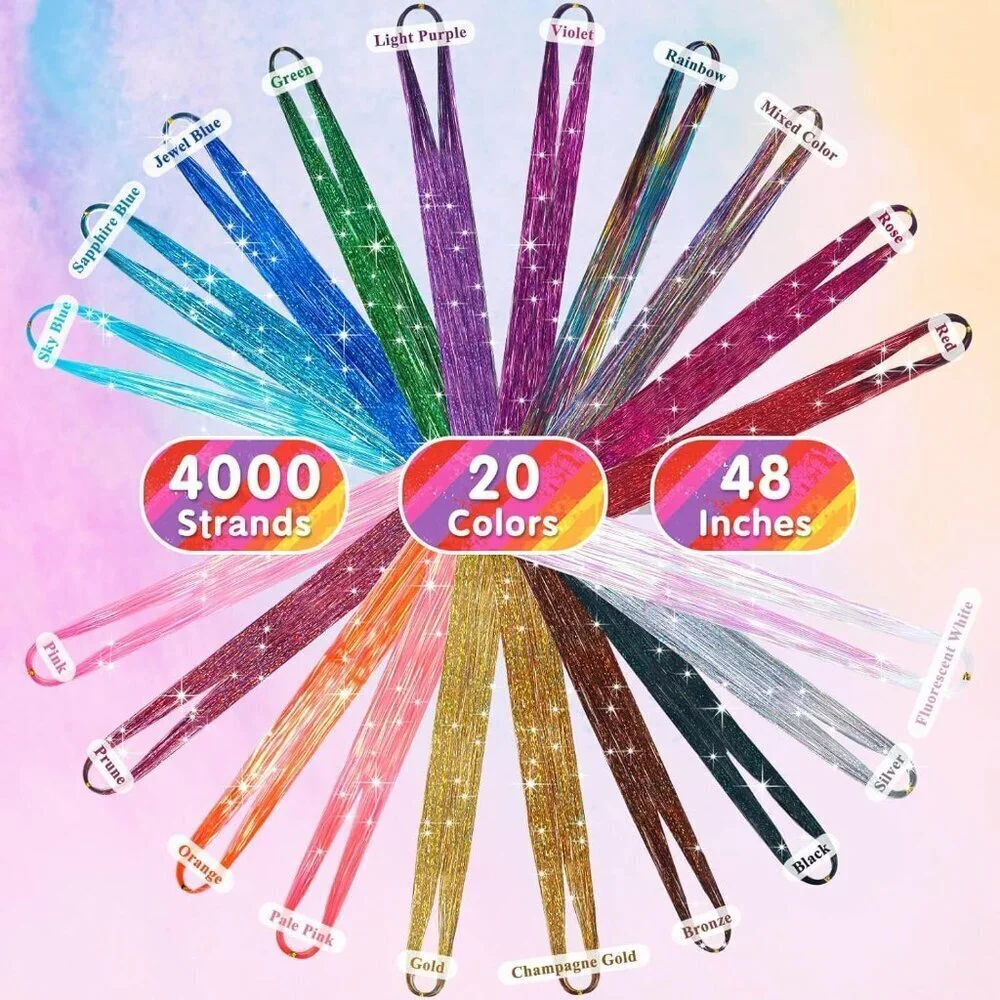 Hair Tinsel Kit Fiber 20 Colors 48 Inches Sparkling Glitter Extensions for Women